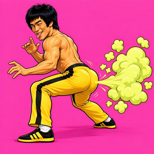 Lee, a kung fu master in a yellow tracksuit, winking with a green cloud ready behind him