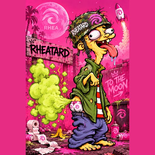 Rheatard: a goofy cartoon guy in a camo helmet and green jacket, tongue out, farting a huge green cloud in a pink alley